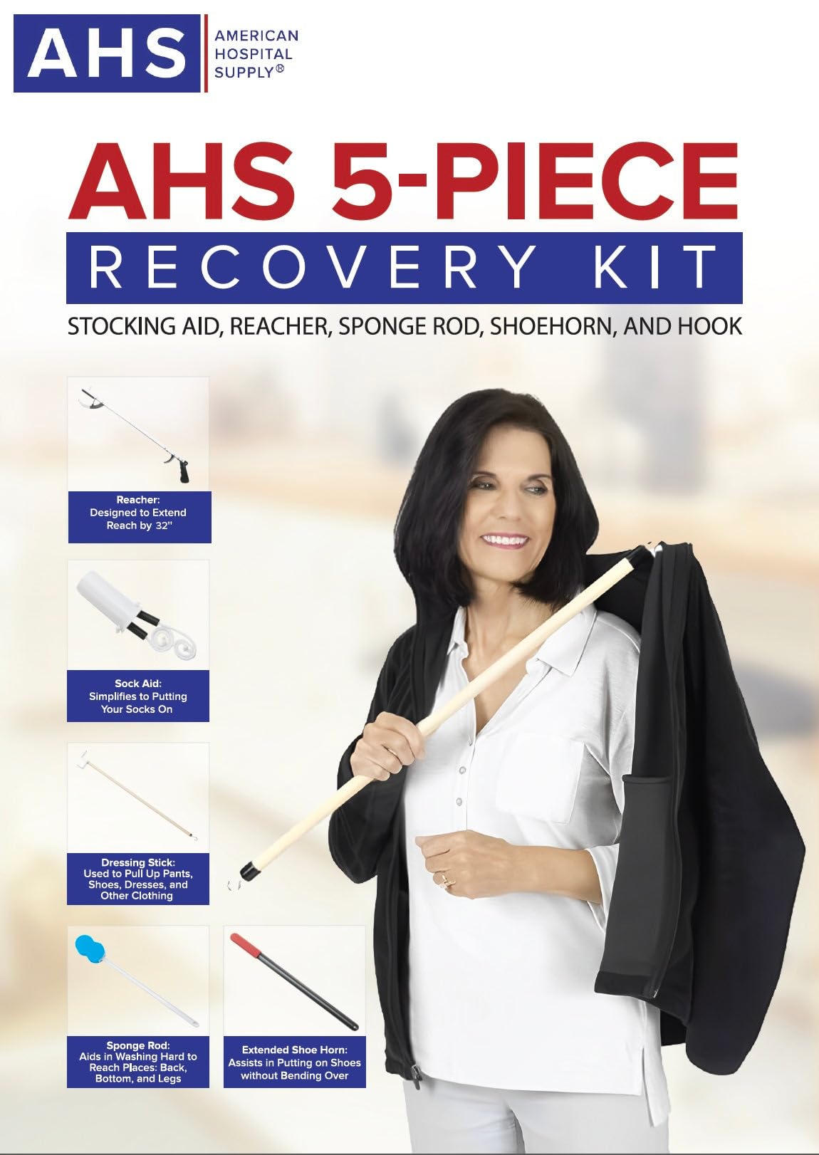 American Hospital Supply 5-Piece Hip/Knee Replacement Kit [1 Each] – Surgery Assistance with Stocking Aid, Reacher, Sponge Rod, Shoehorn, and Hook | Medical Equipment - Image 8