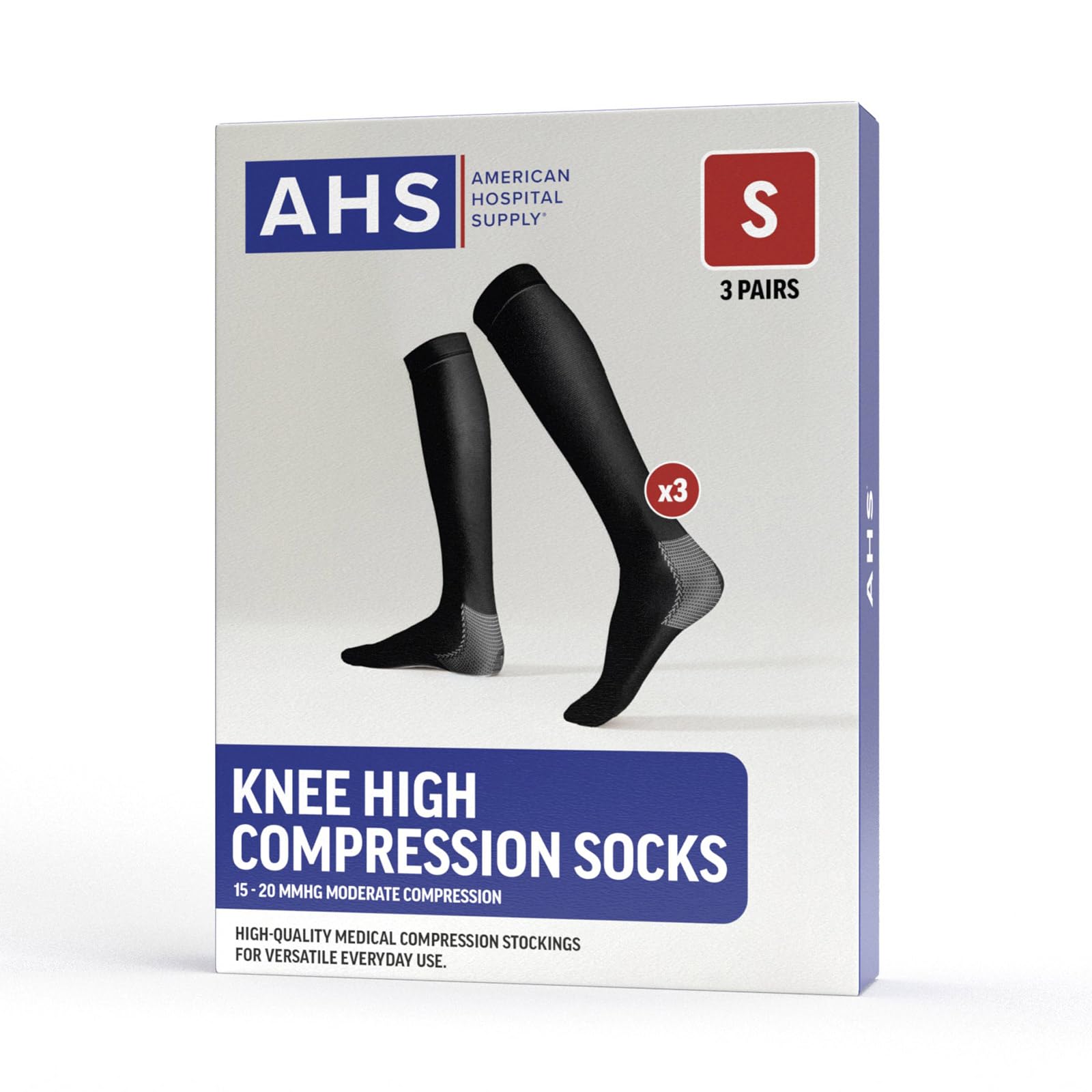American Hospital Supply – Knee High Compression Socks – 15–20 mmHg, Black, Small – Medical Stockings for Daily Wear – Case of 264 Pairs (88 Packs of 3) - Image 7