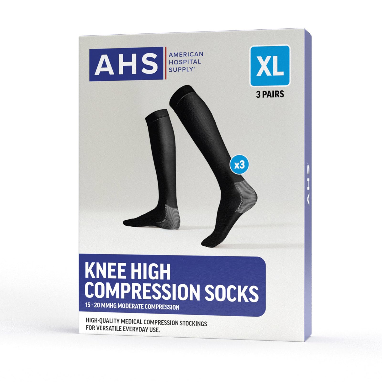 American Hospital Supply – Knee High Compression Socks – 15–20 mmHg, Black, X-Large – Medical Stockings for Daily Wear – Case of 264 Pairs (88 Packs of 3) - Image 7